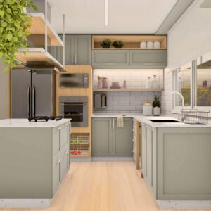 Cozinha verde americana com ilha